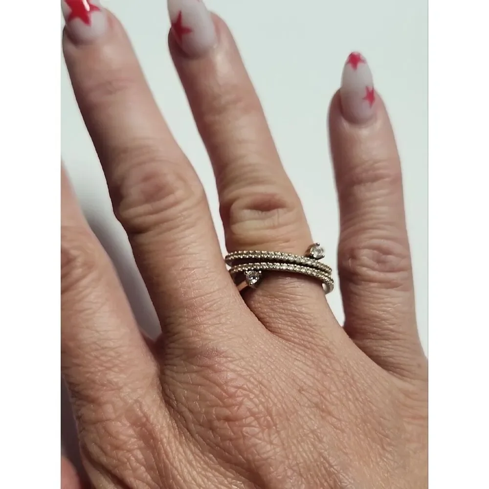 Sterling Silver With Soft Golden Overlay Twisted Crystal Ring Size 7.25